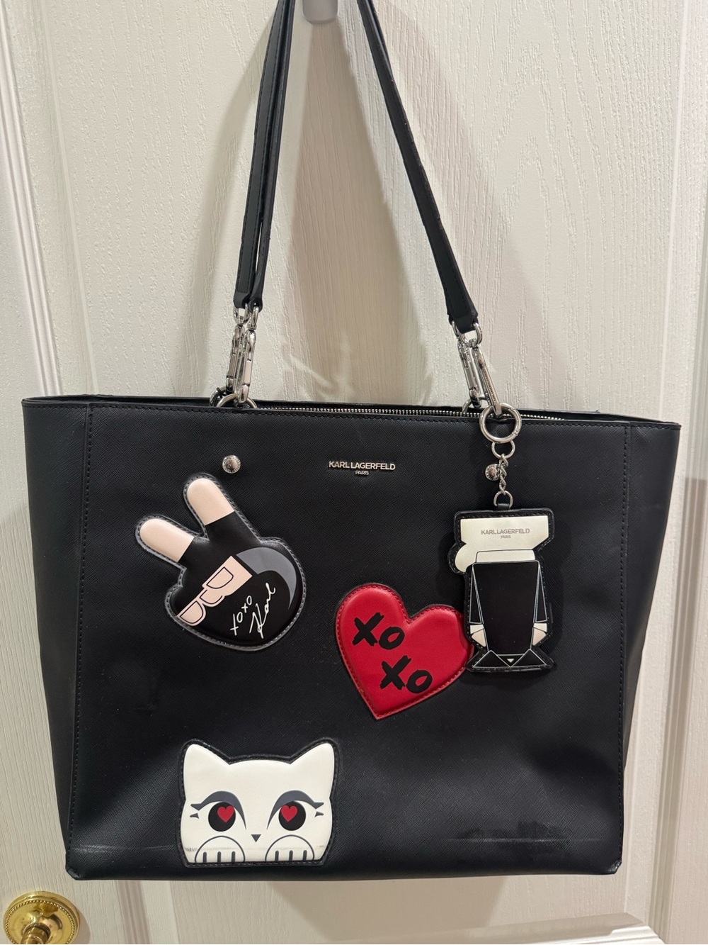 Karl Lagerfeld Adele Black/Red/White "Heart/Cat/Logo" Tote Bag with Purse Charm